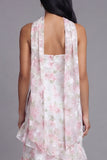 Vestido largo de invitado de boda de chiffon blanco rosa rosa sin tirantes con volantes y bufanda de cuello