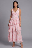 Vestido largo de invitado de invitado largo de chiffon rosa de gasa en V, con escote en V y florales con volantes