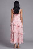 Vestido largo de invitado de invitado largo de chiffon rosa de gasa en V, con escote en V y florales con volantes