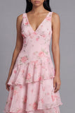 Vestido largo de invitado de invitado largo de chiffon rosa de gasa en V, con escote en V y florales con volantes