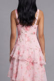Vestido largo de invitado de invitado largo de chiffon rosa de gasa en V, con escote en V y florales con volantes