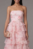 Vestido largo de invitado de boda rosa sin tirantes de gasa floral con estampado floral