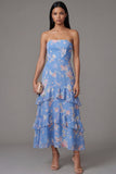 Vestido largo de invitado de boda, sin tirantes florales estampados en tirantes azul gasa