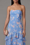 Vestido largo de invitado de boda, sin tirantes florales estampados en tirantes azul gasa