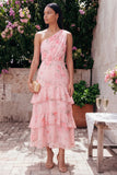 Vestido largo de invitado de boda rosa de gasa rosa con estampado floral y estampado largo de un hombro