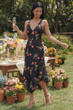 Vestido midi floral midi con escote en V y gasa negra
