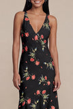 Vestido midi floral midi con escote en V y gasa negra