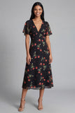 Vestido de invitado midi de chiffon A-line negro rojo con escote en V y manga corta