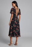 Vestido de invitado midi de chiffon A-line negro rojo con escote en V y manga corta