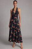 Vestido largo de invitado de boda con escote halter de gasa con estampado de flores negras rojas