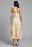 Cuello halter amarillo encaje Midi Floral con lazo