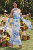 Vestido largo de gasa de chiffon con flor blanca azul, escote en pico y cuello
