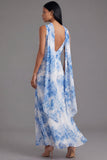 Vestido largo de gasa de chiffon con flor blanca azul, escote en pico y cuello