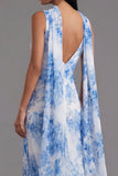 Vestido largo de gasa de chiffon con flor blanca azul, escote en pico y cuello