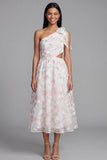 Vestido floral de un hombro blanco rosa con corte de gasa en línea A con lazo