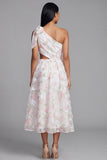 Vestido floral de un hombro blanco rosa con corte de gasa en línea A con lazo
