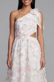Vestido floral de un hombro blanco rosa con corte de gasa en línea A con lazo