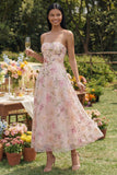 Vestido largo floral estampado sin tirantes rosa gasa con abalorios