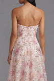 Vestido largo floral estampado sin tirantes rosa gasa con abalorios