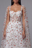 Vestido de invitado Midi Corsé A-Line transparente flor marfil rojo marfil
