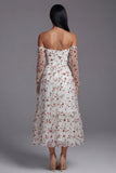 Vestido de invitado midi sin tirantes de flor rojo marfil con mangas transparentes