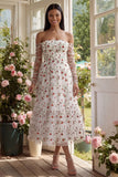 Vestido de invitado midi sin tirantes de flor rojo marfil con mangas transparentes