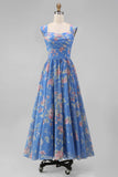 Vestido de invitado Midi de boda Midi de escote cuadrado con escote cuadrado y chiffon azul con estampado floral