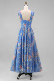 Vestido de invitado Midi de boda Midi de escote cuadrado con escote cuadrado y chiffon azul con estampado floral