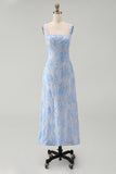 Vestido midi azul de cuello cuadrado floral con apliques