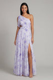 Vestido Maxi de un hombro con estampado de tul lila y flor con abertura