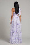 Vestido Maxi de un hombro con estampado de tul lila y flor con abertura