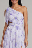 Vestido Maxi de un hombro con estampado de tul lila y flor con abertura