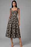 Vestido negro Jacquard floral arrugado de línea cuadrada y cuello en A