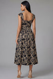 Vestido negro Jacquard floral arrugado de línea cuadrada y cuello en A