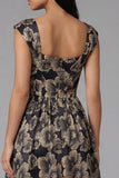 Vestido negro Jacquard floral arrugado de línea cuadrada y cuello en A