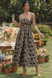 Vestido Midi Jacquard Floral Floral Negro Línea A sin tirantes