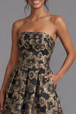 Vestido Midi Jacquard Floral Floral Negro Línea A sin tirantes