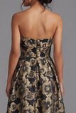 Vestido Midi Jacquard Floral Floral Negro Línea A sin tirantes