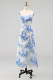 Corsé de flor blanca azul gasa con funda fruncida y vestido midi