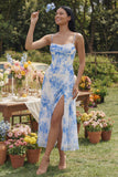 Corsé de flor blanca azul gasa con funda fruncida y vestido midi