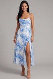 Corsé de flor blanca azul gasa con funda fruncida y vestido midi