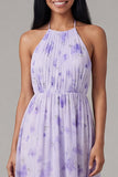 Vestido midi floral de chiffon lila con escote arrugado y funda fruncido con lazo