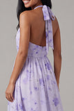 Vestido midi floral de chiffon lila con escote arrugado y funda fruncido con lazo