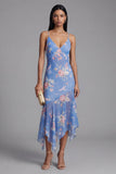 Vestido Midi asimétrico asimétrico con estampado de flores en vaina azul