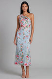 Vestido midi de tul floral azul rosa de un hombro y funda