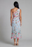 Vestido midi de tul floral azul rosa de un hombro y funda
