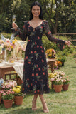 Vestido midi floral de tul negro con escote en V y funda estampada con manga larga