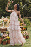 Vestido floral de chiffon rosa blanco con escote halter y estampado en niveles