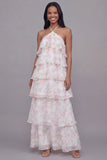 Vestido floral de chiffon rosa blanco con escote halter y estampado en niveles