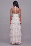 Vestido floral de chiffon rosa blanco con escote halter y estampado en niveles